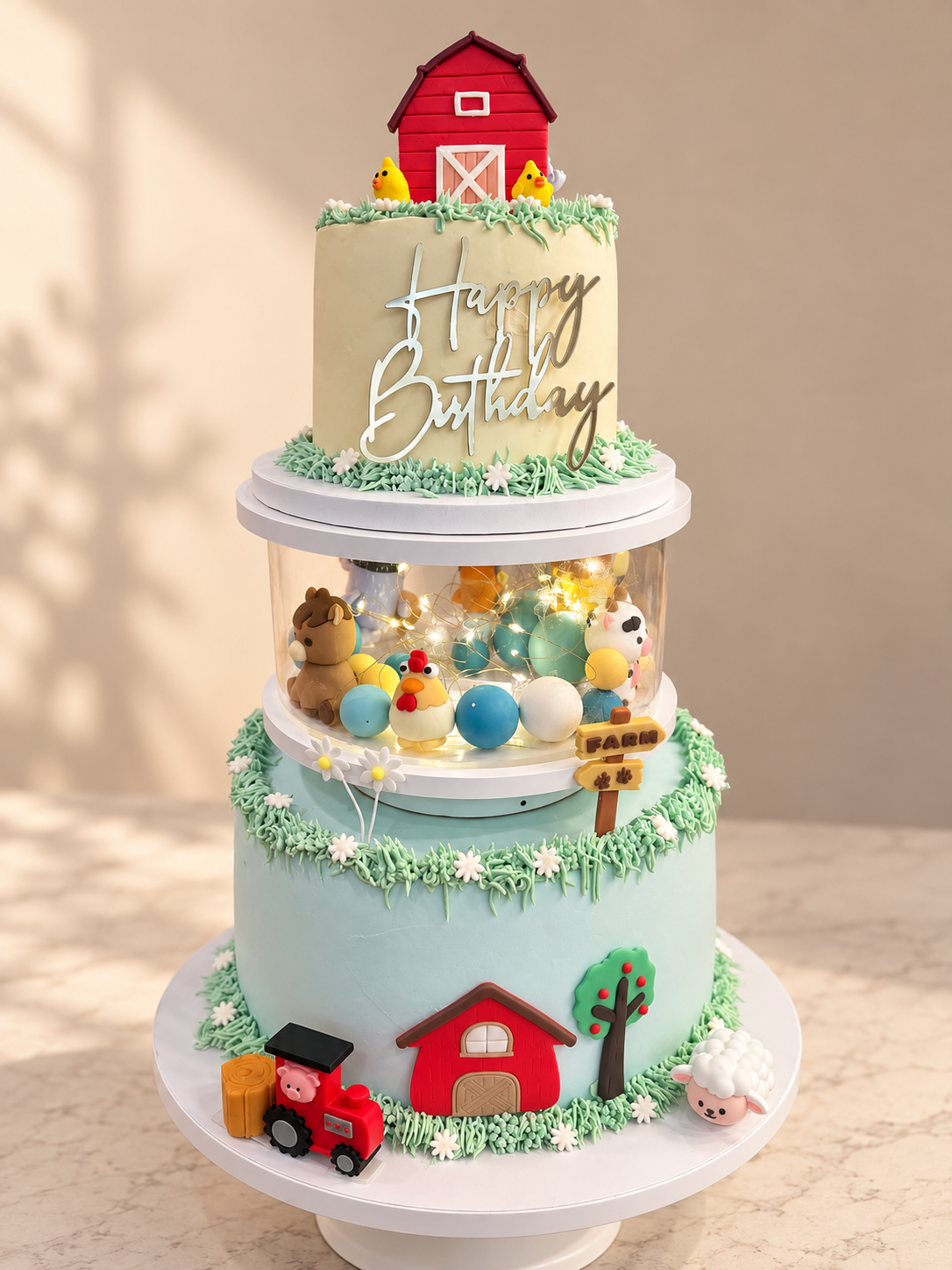 Two-tier farm-themed cake with a red barn topper, yellow chicks and a clear middle tier filled with fairy lights and farm animals