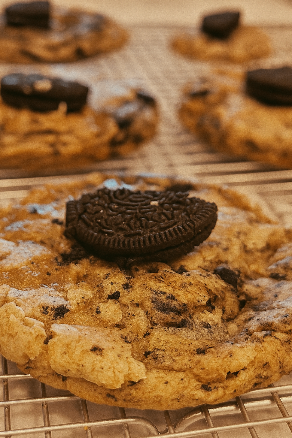 Golden cookies topped with chocolate sandwich cookies on a wire rack