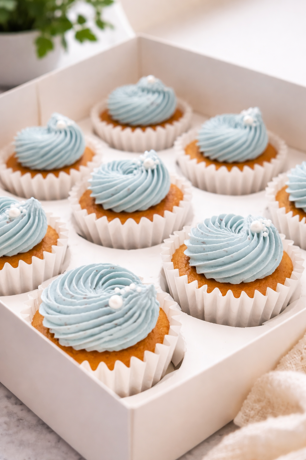 Cupcakes in a white box topped with pale blue buttercream swirls