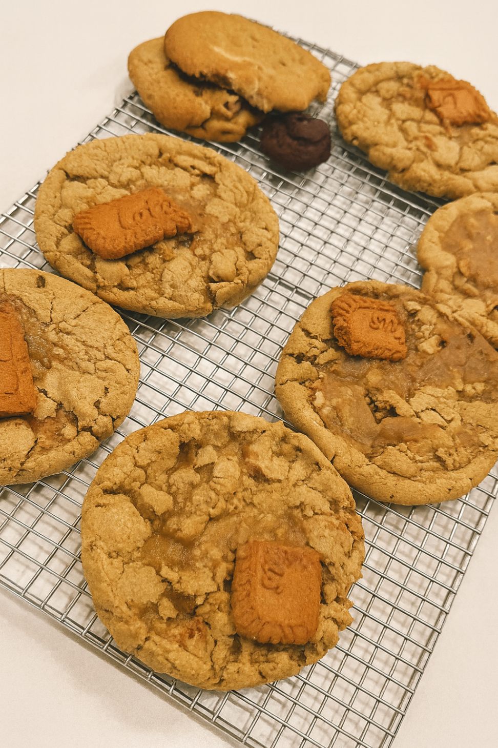 Biscoff cookies with caramel centers and biscuit toppers on a cooling rack