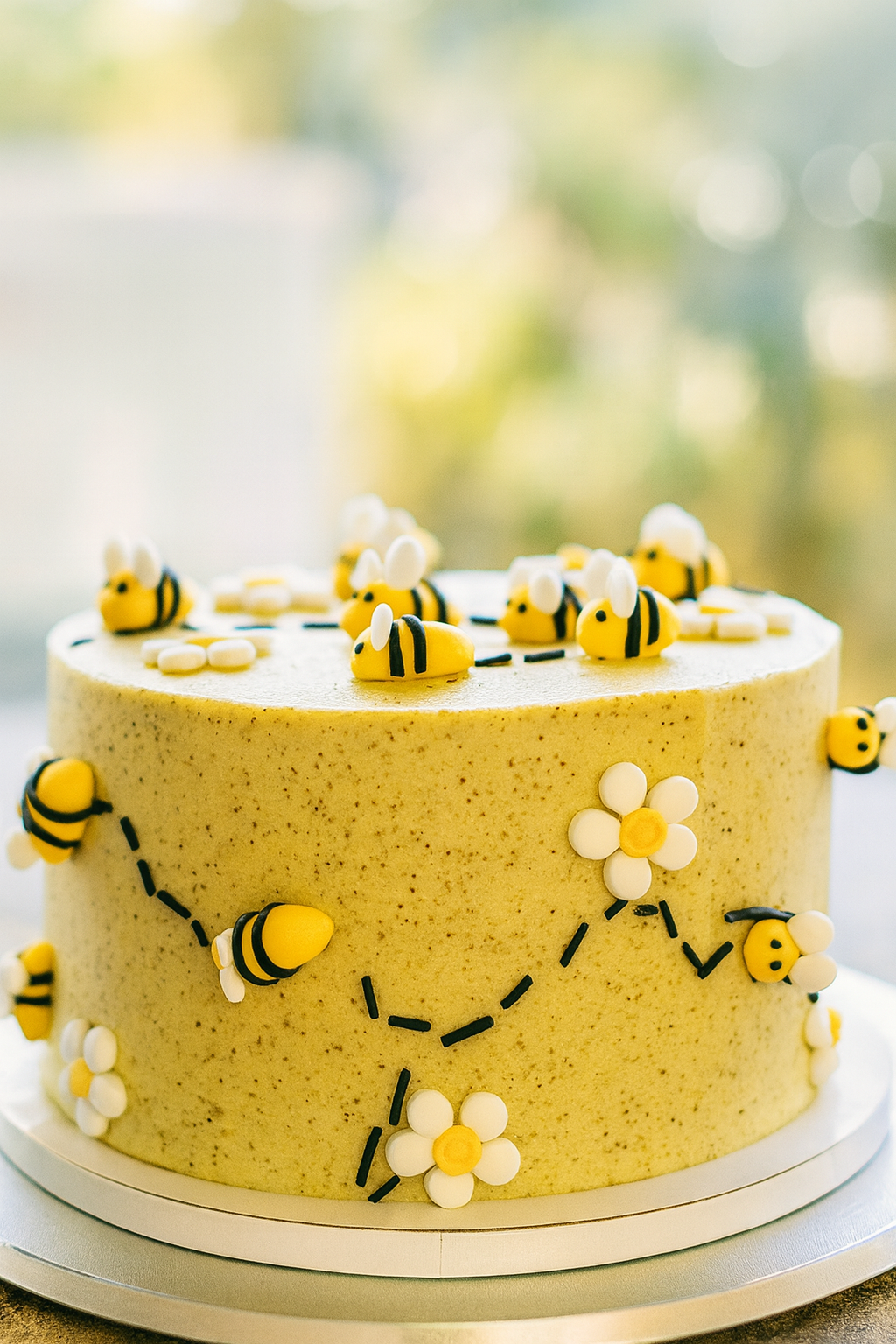 Mad Krumbs honey bee cake with handmade bees, daisies and flight-path detailing