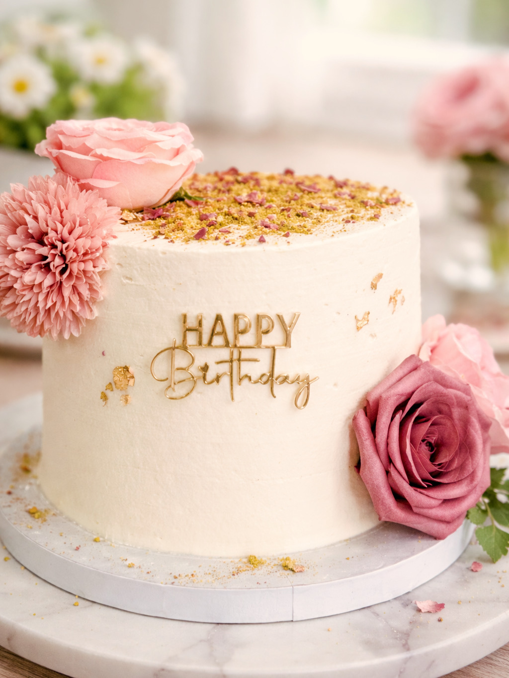 Elegant ivory birthday cake decorated with pink roses