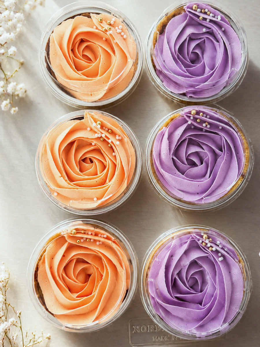 Six dessert cups finished with orange and purple rose piping