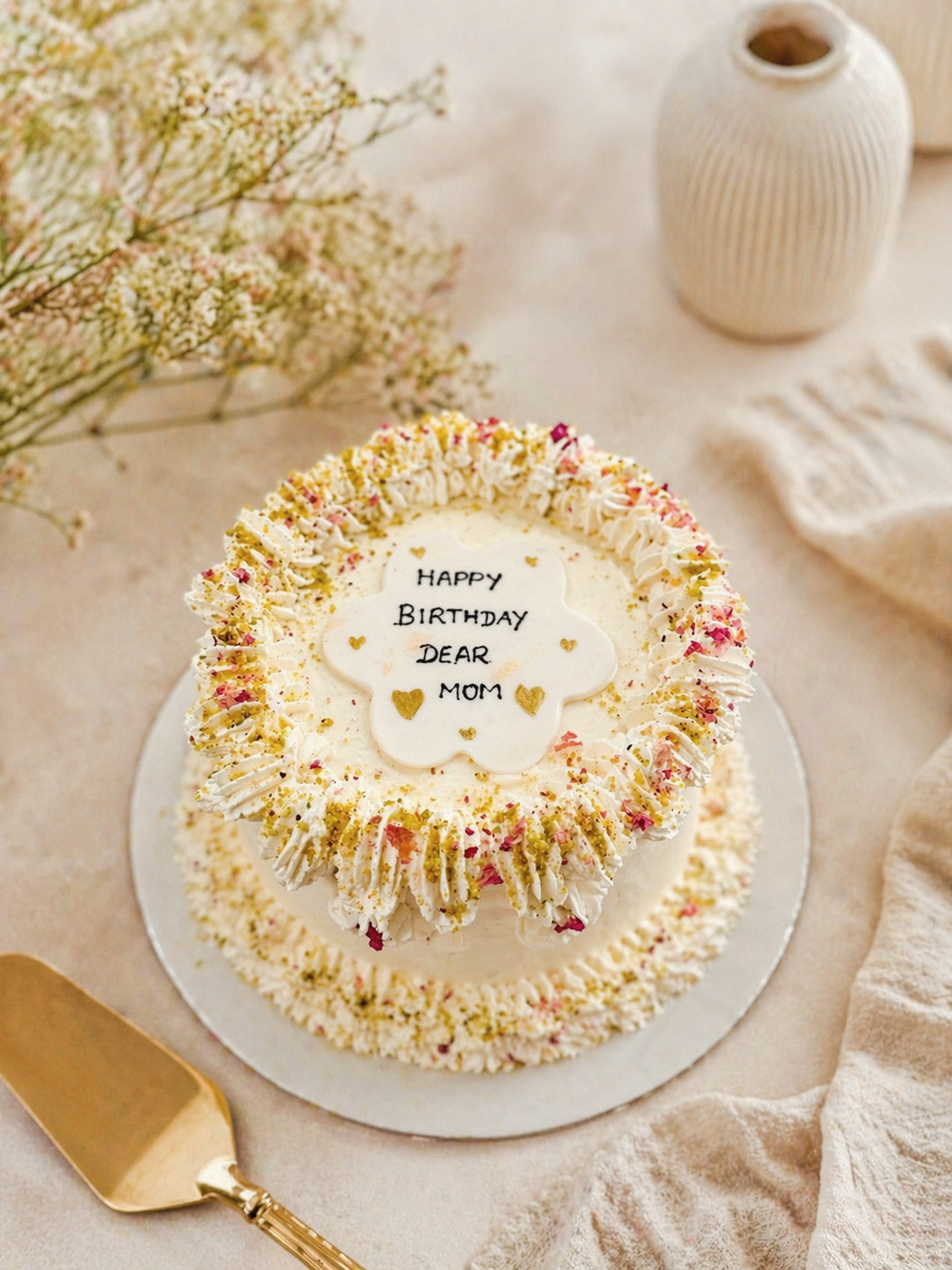 Petite birthday cake for Mom with piped cream, pistachio and rose petals