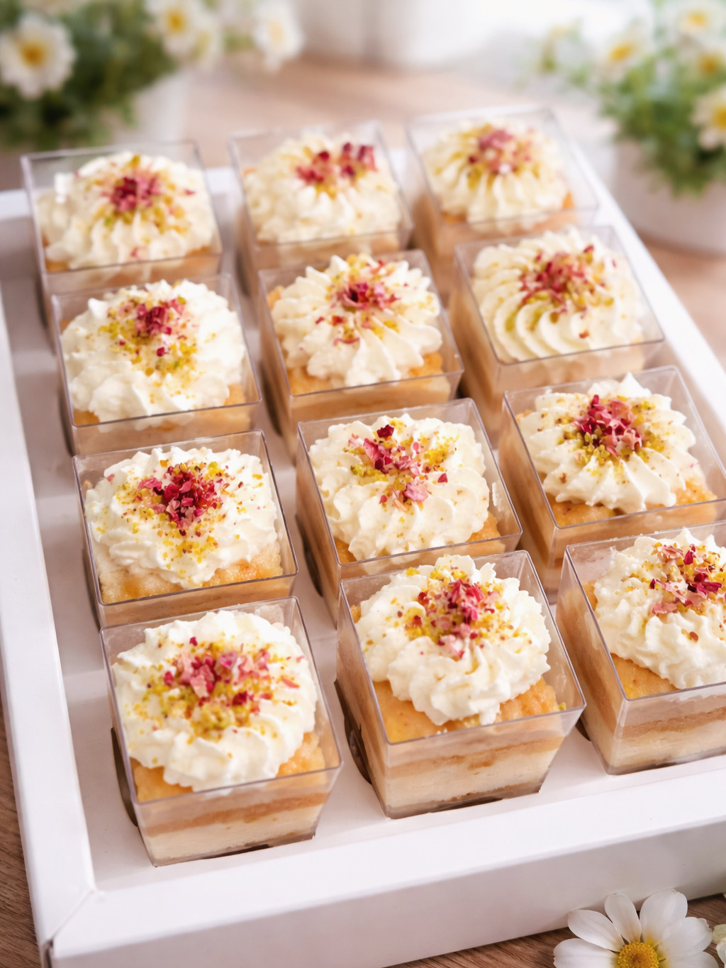 Individual pistachio and rose dessert cups topped with cream and rose petals
