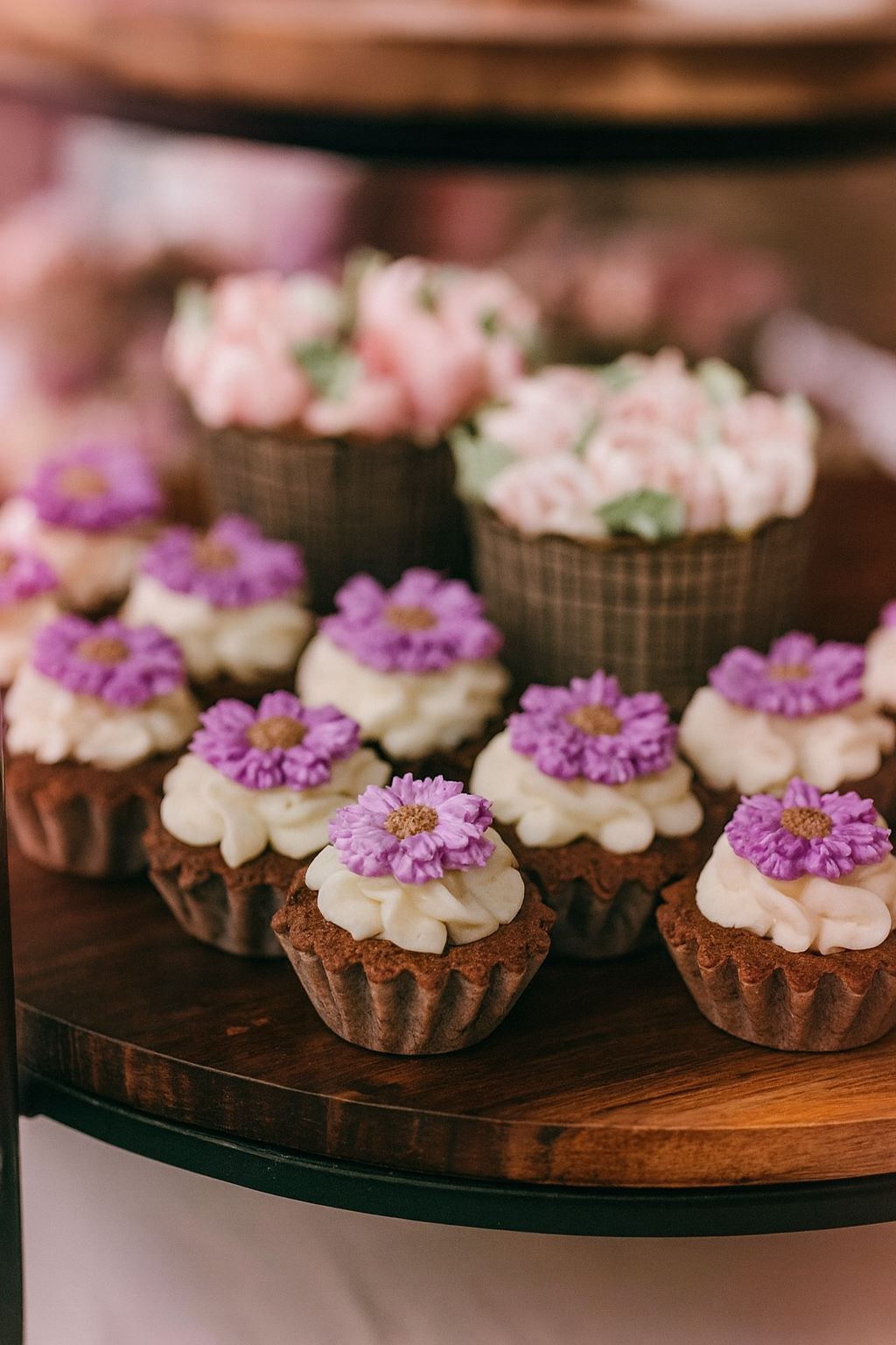 Chocolate cupcakes decorated with white, pink and purple buttercream flowers