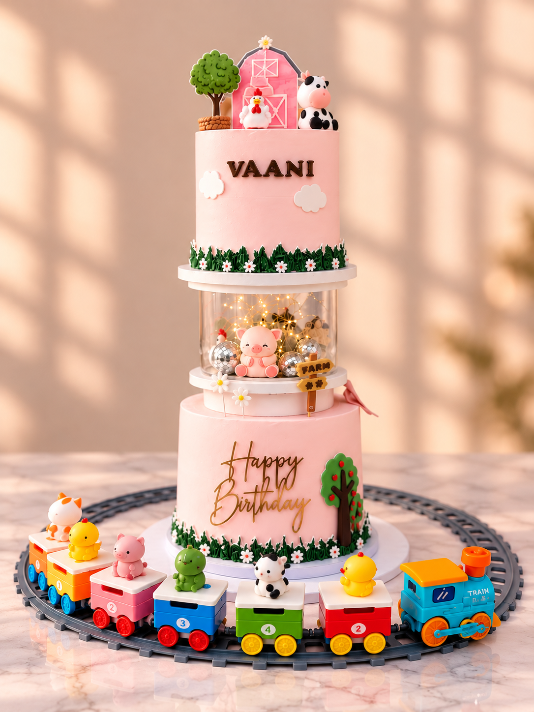 Pink two-tier birthday cake with a light-up middle tier, barn topper and a colorful toy train circling the base