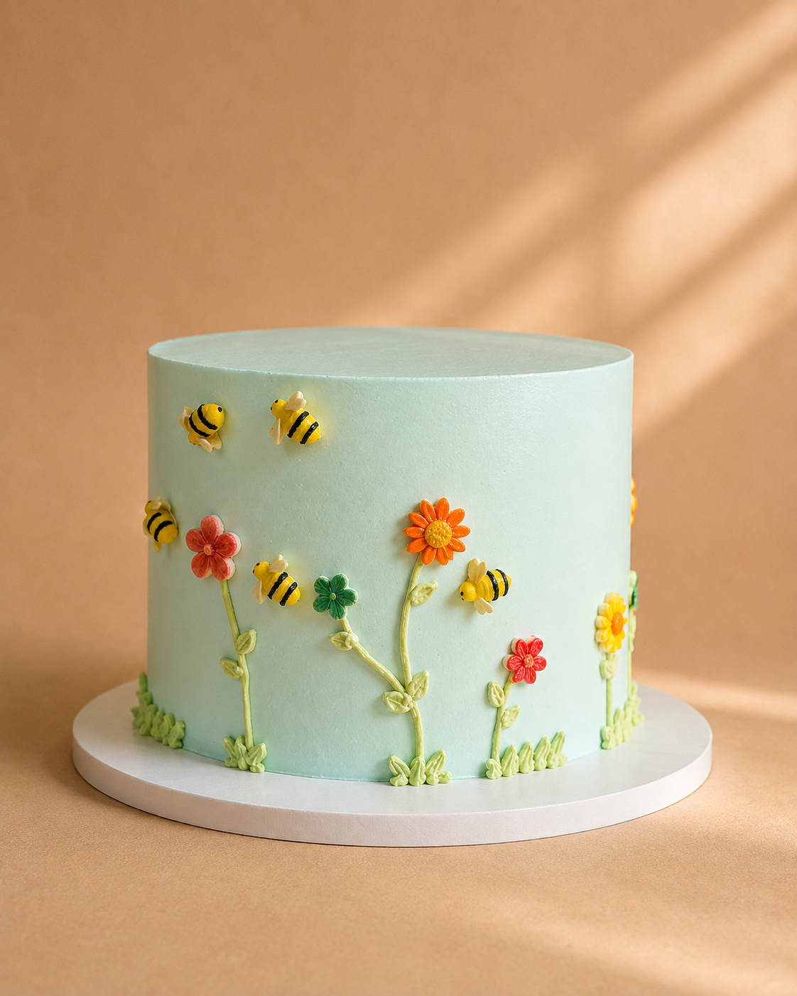 Light blue cake decorated with flowers and handmade bees