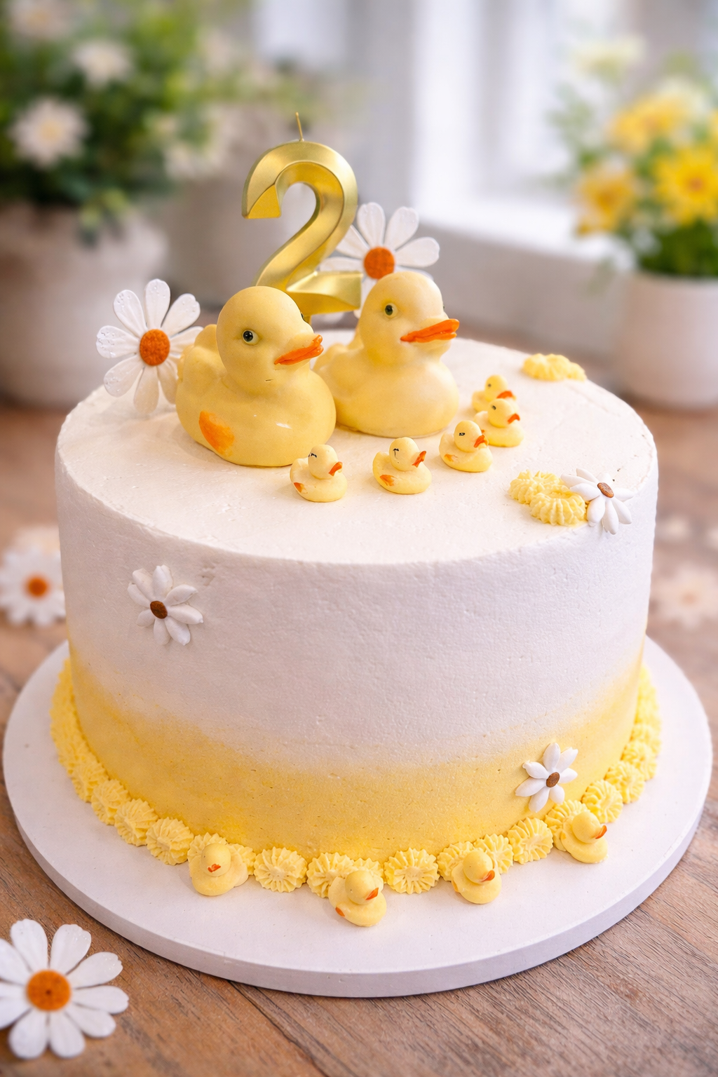 White and yellow celebration cake topped with a handcrafted duck family