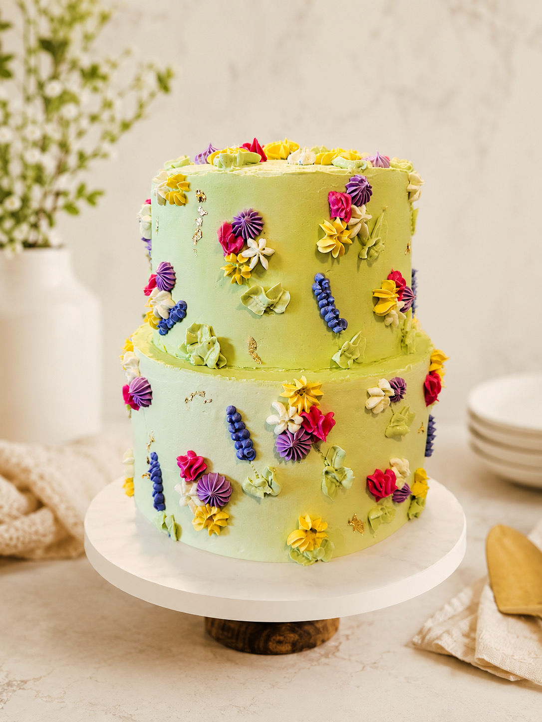 Two-tier pale green custom cake decorated with colorful buttercream flowers