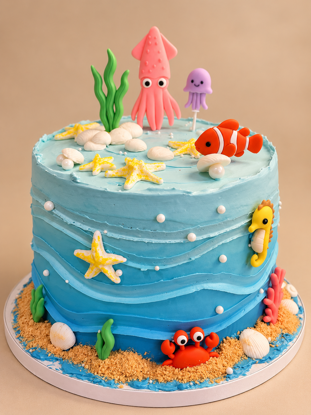 Round cake with blue ombre frosting, pink squid, jellyfish, clownfish, seahorse, crab and starfish on a sandy base