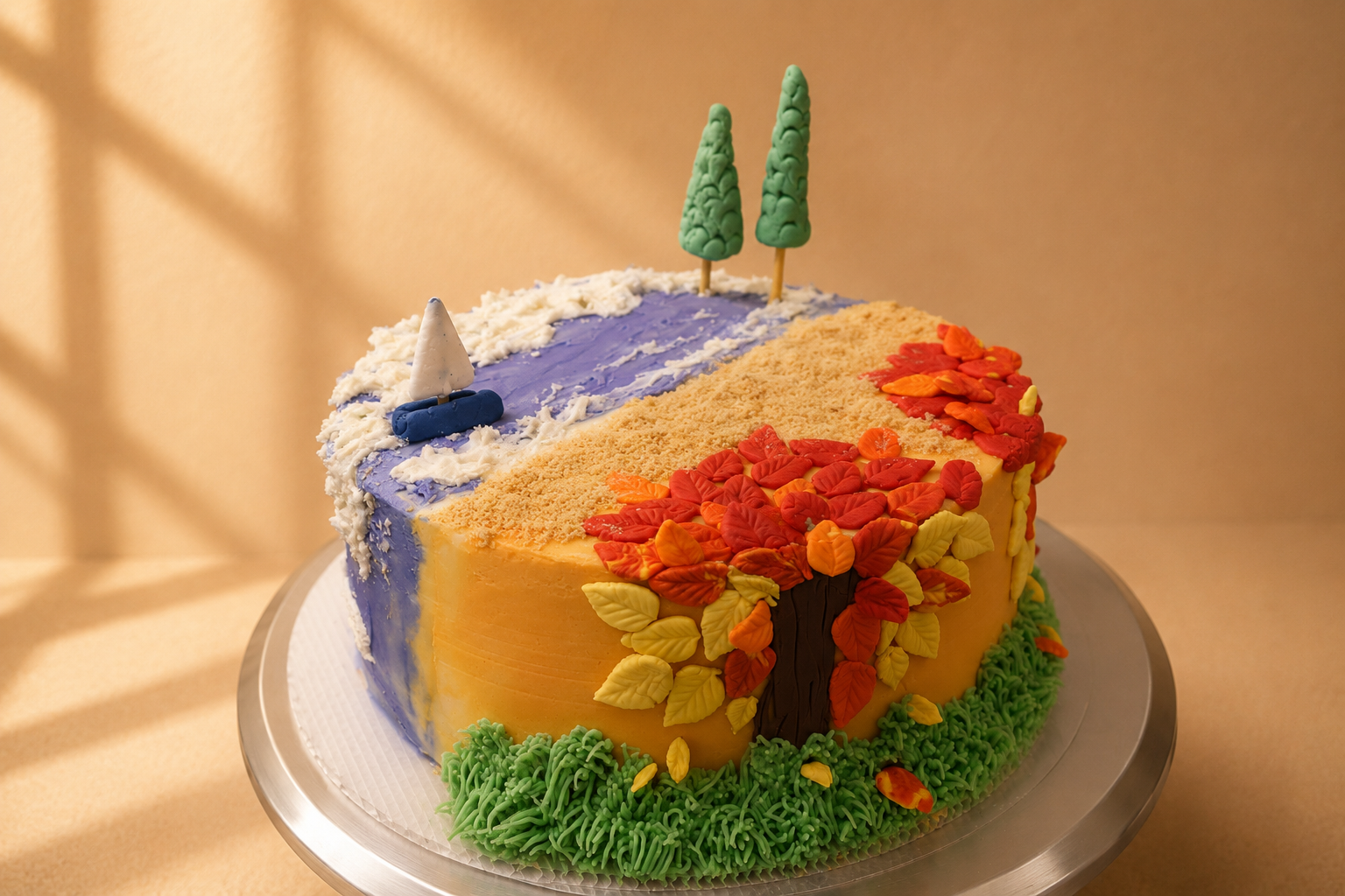 Landscape cake with a blue ocean, sailboat and autumn tree