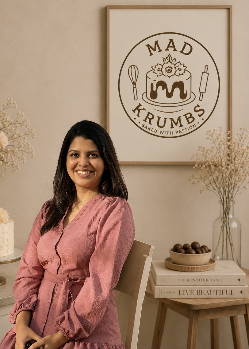 Founder of Mad Krumbs seated in her home bakery beneath the Mad Krumbs logo